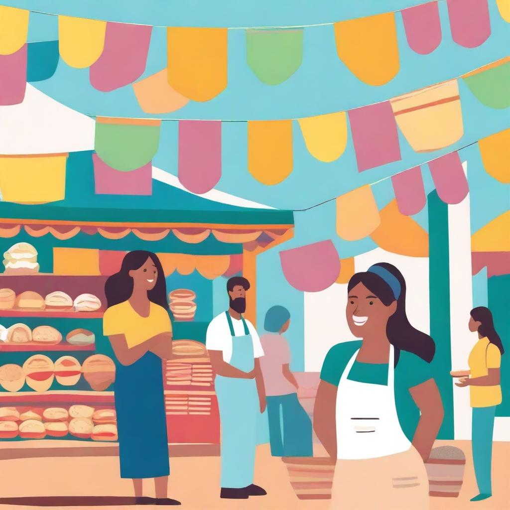 A vibrant local market scene featuring a small stall selling empanadas