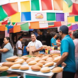 A vibrant local market scene featuring a small stall selling empanadas