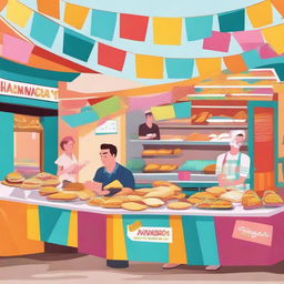 A vibrant local market scene featuring a small stall selling empanadas