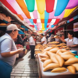 A vibrant local market scene featuring a small stall selling empanadas