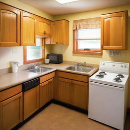 A cozy local kitchen featuring a refrigerator, a deep fryer, and a table