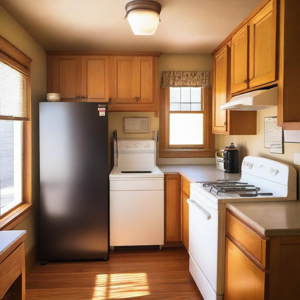 A cozy local kitchen featuring a refrigerator, a deep fryer, and a table