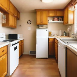 A cozy local kitchen featuring a refrigerator, a deep fryer, and a table