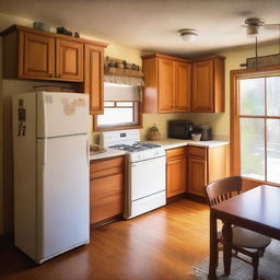 A cozy local kitchen featuring a refrigerator, a deep fryer, and a table