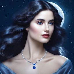 Selene è una giovane donna con lunghi capelli argentati che sembrano brillare alla luce della luna