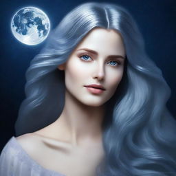 Selene è una giovane donna con lunghi capelli argentati che sembrano brillare alla luce della luna