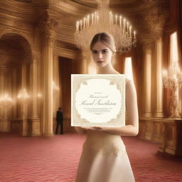 A young lady in a mesmerizing ballroom scene, holding a royal invitation card in her hand