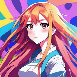 A detailed and vibrant illustration of an anime girl with expressive eyes and flowing hair, set against a colorful background