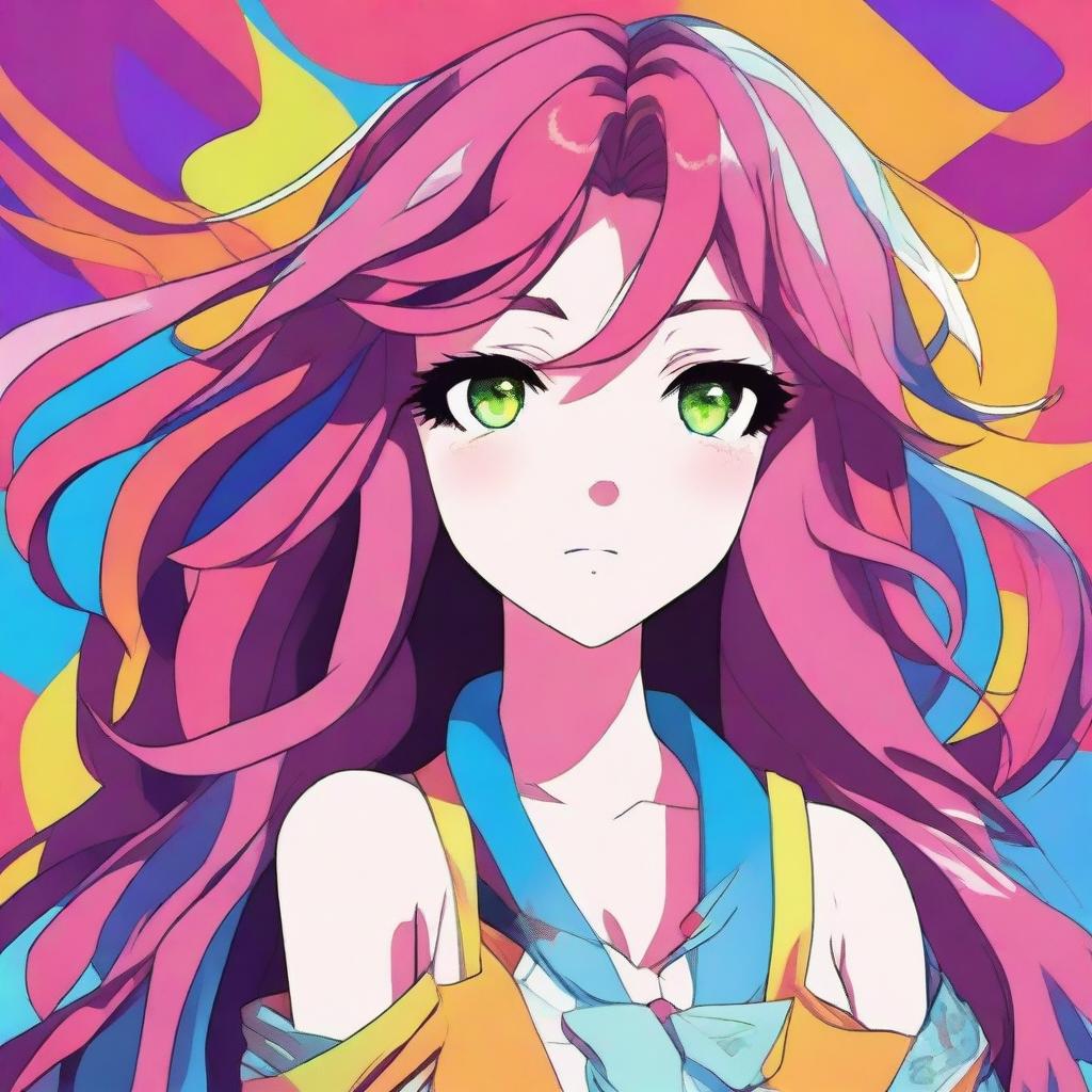 A detailed and vibrant illustration of an anime girl with expressive eyes and flowing hair, set against a colorful background