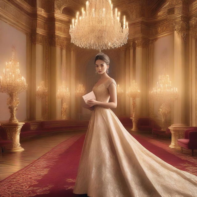 A young lady in a mesmerizing ballroom scene, holding a royal invitation card in her hand