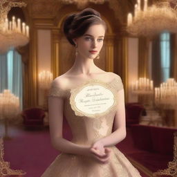 A young lady in a mesmerizing ballroom scene, holding a royal invitation card in her hand