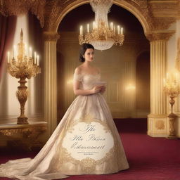 A young lady in a mesmerizing ballroom scene, holding a royal invitation card in her hand