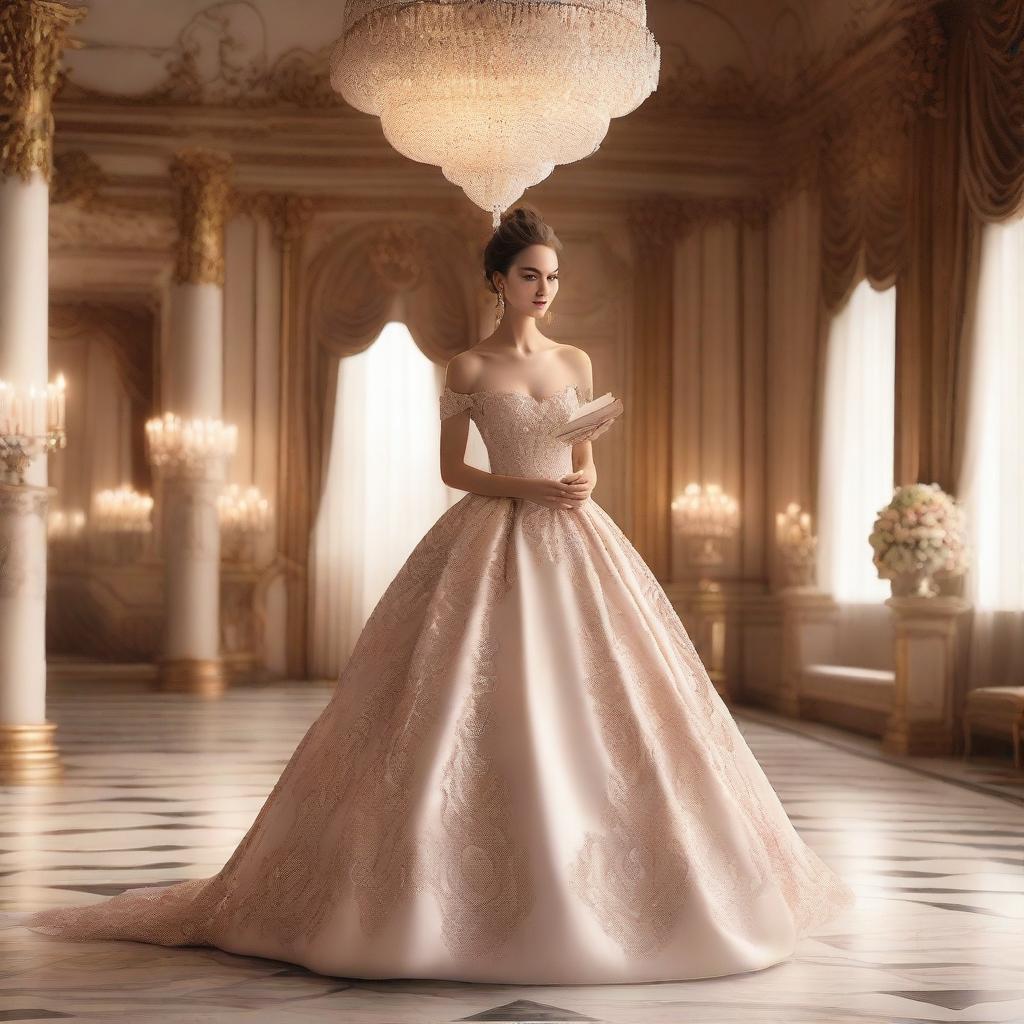 A young lady in a mesmerizing ballroom scene, holding a royal invitation card in her hand