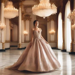 A young lady in a mesmerizing ballroom scene, holding a royal invitation card in her hand