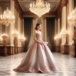 A young lady in a mesmerizing ballroom scene, holding a royal invitation card in her hand