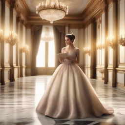 A young lady in a mesmerizing ballroom scene, holding a royal invitation card in her hand