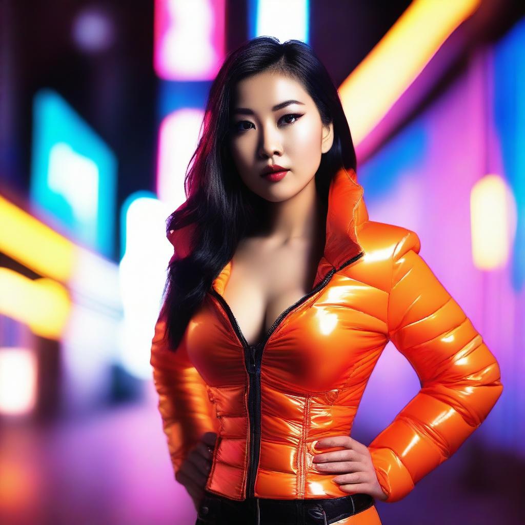 A stylish Asian woman wearing a tight, shiny orange puffer corset, posing confidently