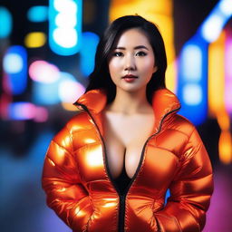 A stylish Asian woman wearing a tight, shiny orange puffer corset, posing confidently