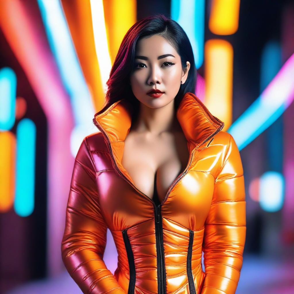 A stylish Asian woman wearing a tight, shiny orange puffer corset, posing confidently