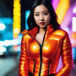 A stylish Asian woman wearing a tight, shiny orange puffer corset, posing confidently