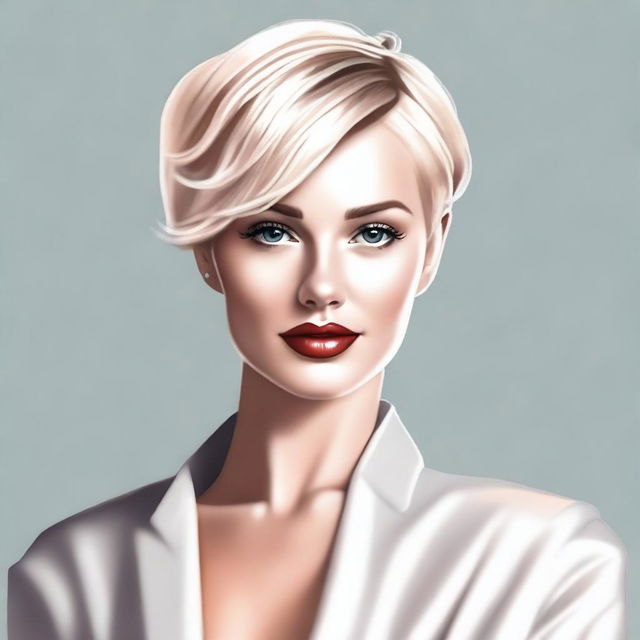 A realistic depiction of a sexy blonde woman with short hair