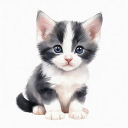 Small animated black and white kitten in watercolor style