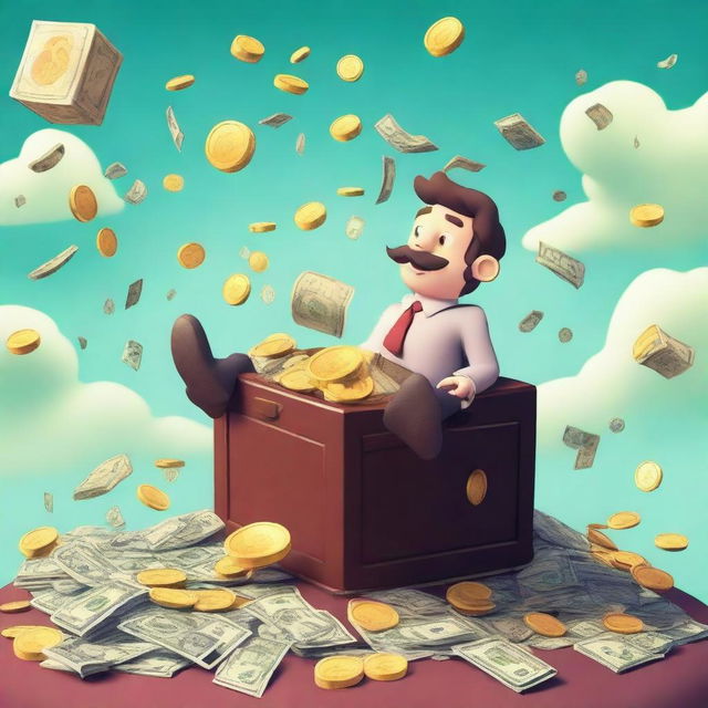 Create an image depicting a humorous and exaggerated scene of money glitches in a video game world