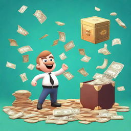 Create an image depicting a humorous and exaggerated scene of money glitches in a video game world