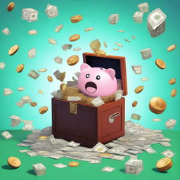 Create an image depicting a humorous and exaggerated scene of money glitches in a video game world