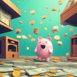 Create an image depicting a humorous and exaggerated scene of money glitches in a video game world