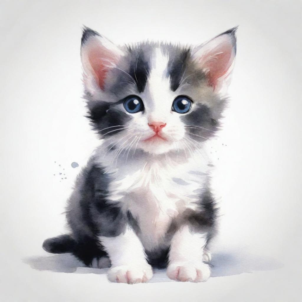 Small animated black and white kitten in watercolor style