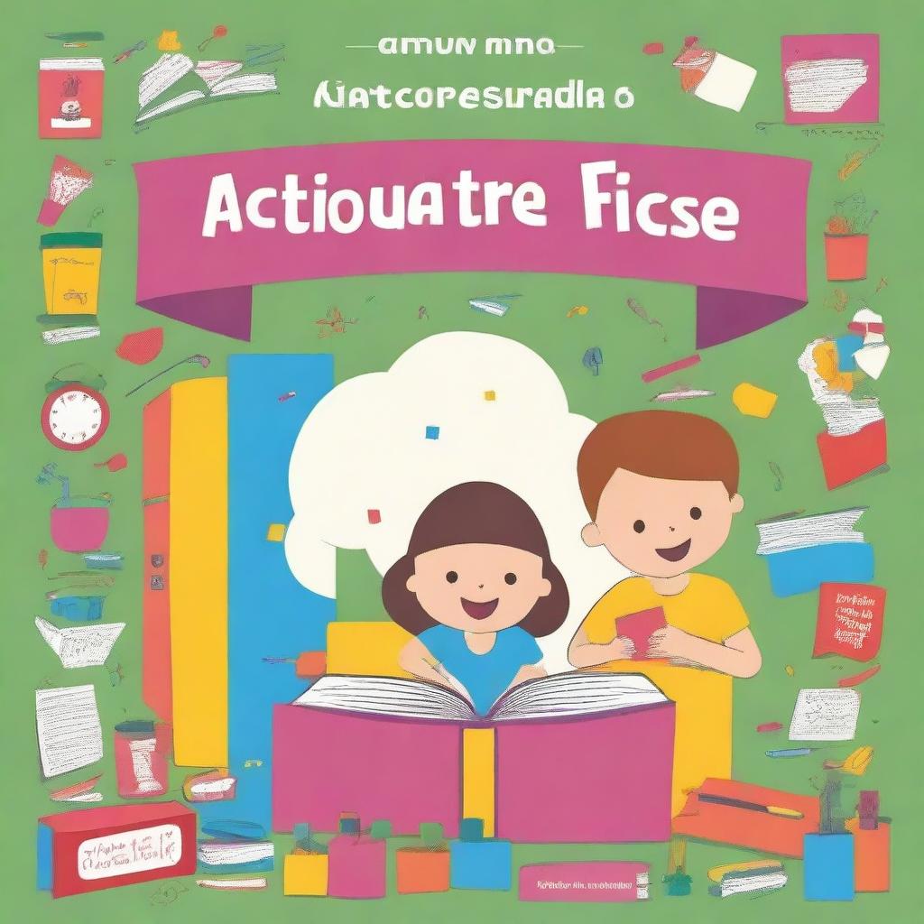 Una portada de manual de actividades de lectoescritura, con colores vivos y dibujos atractivos para niños