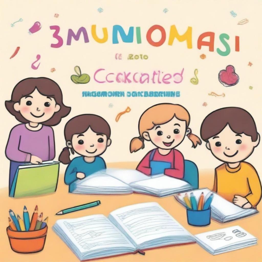 Una portada de manual de actividades de lectoescritura, con colores vivos y dibujos atractivos para niños