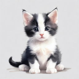 Small animated black and white kitten in watercolor style