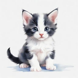 Small animated black and white kitten in watercolor style