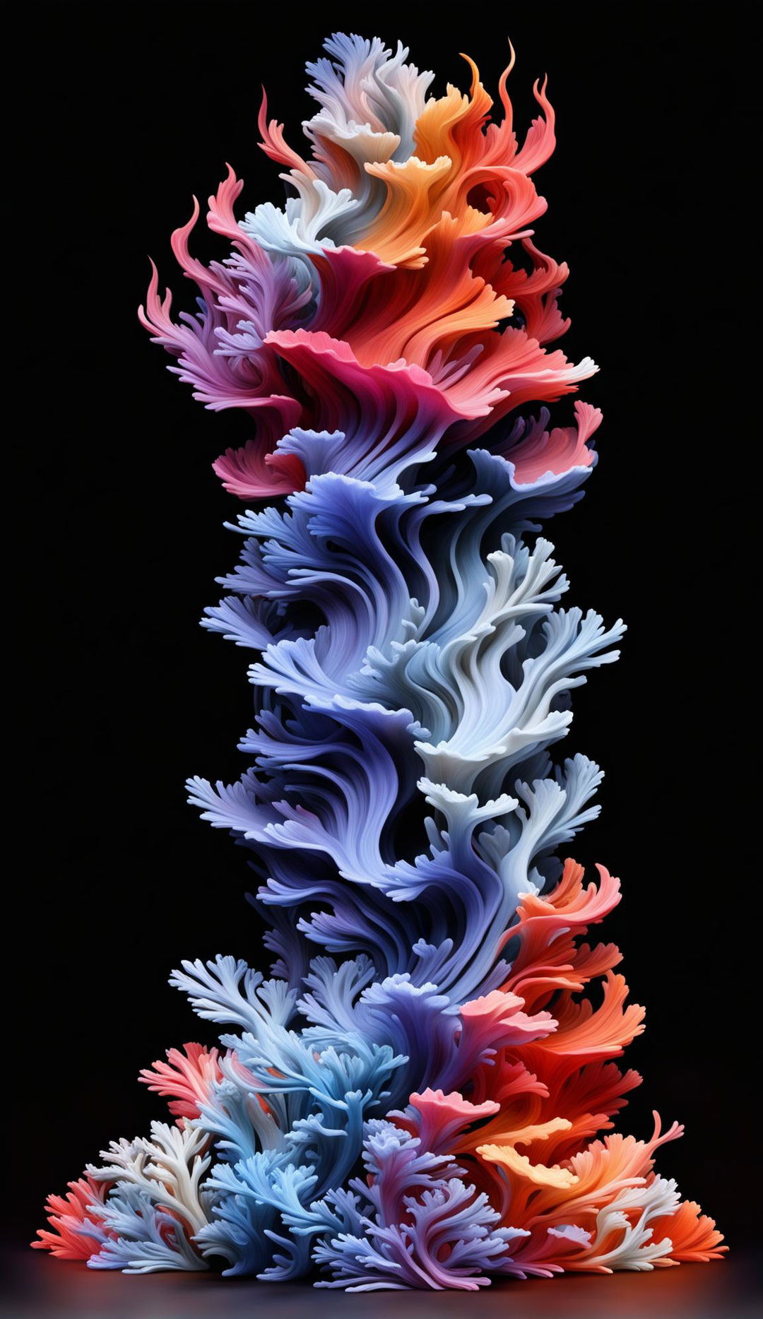 A single, vertically stacked abstract 3D digital art piece resembling a coral structure cloud with lower half as misty water or vapor and upper half as fiery shades of orange and red with textures of ethereal coral polyps.