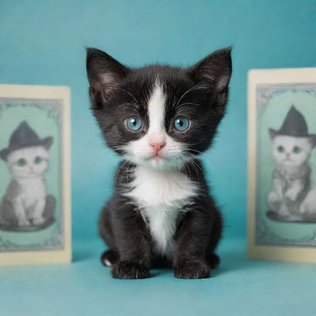 A bewitching little black and white kitten curiously peeking at beautifully animated tarot cards by an aqua-colored background