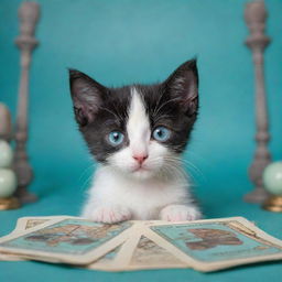 A bewitching little black and white kitten curiously peeking at beautifully animated tarot cards by an aqua-colored background