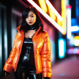 A fashionable Asian woman wearing a tight, shiny orange puffer corset, posing confidently in a modern urban environment with vibrant neon lights