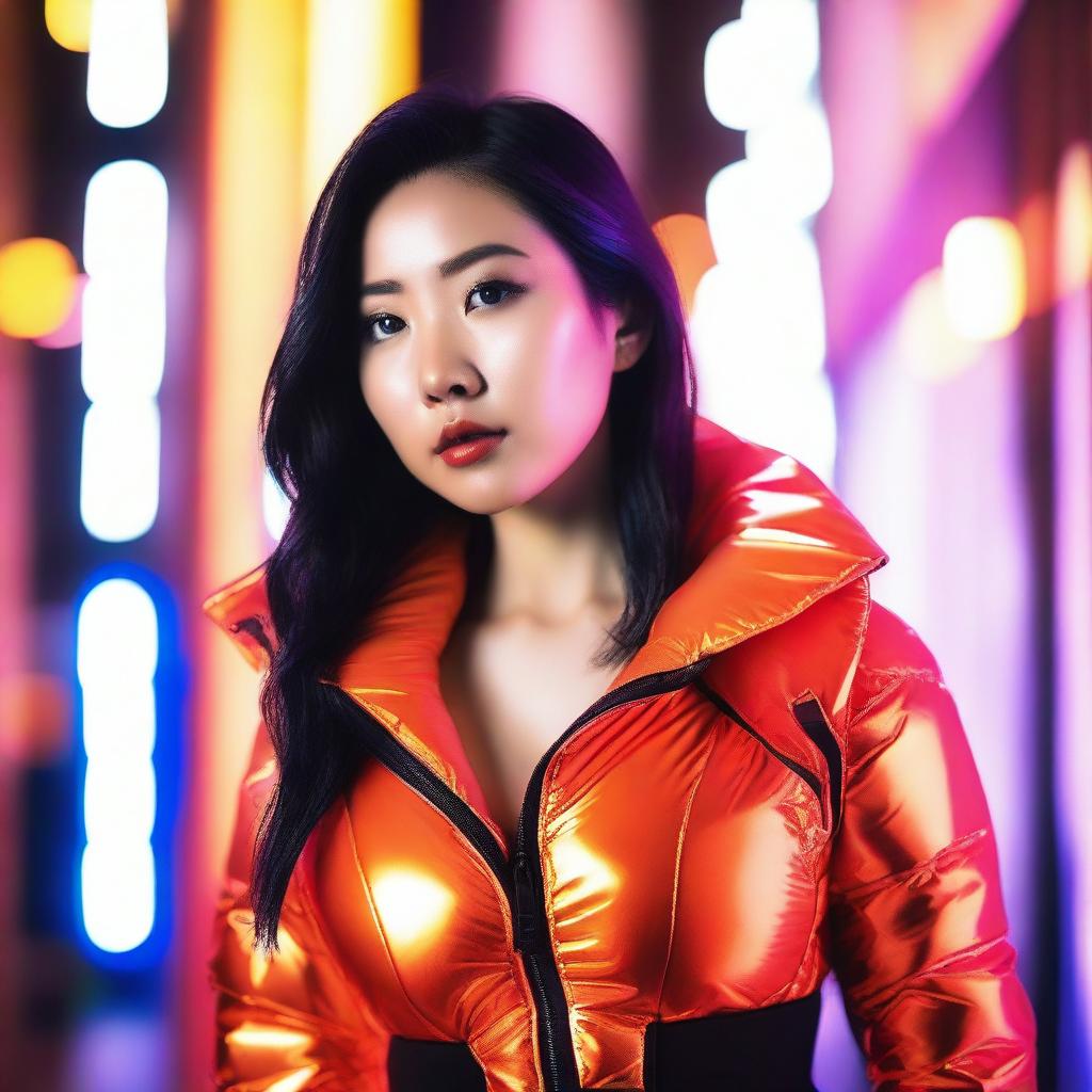 A fashionable Asian woman wearing a tight, shiny orange puffer corset, posing confidently in a modern urban environment with vibrant neon lights