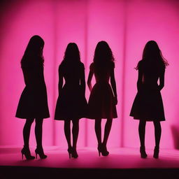 Create a dark pink documentary book cover featuring the shadows of four girls standing on a stage