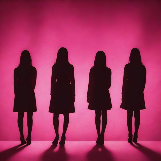 Create a dark pink documentary book cover featuring the shadows of four girls standing on a stage