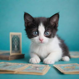 A bewitching little black and white kitten curiously peeking at beautifully animated tarot cards by an aqua-colored background