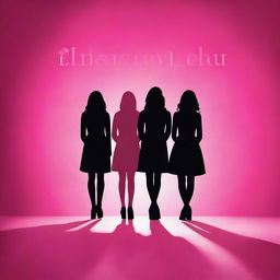 Create a dark pink documentary book cover featuring the shadows of four girls standing on a stage