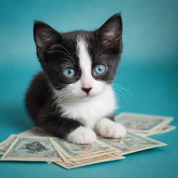 A bewitching little black and white kitten curiously peeking at beautifully animated tarot cards by an aqua-colored background