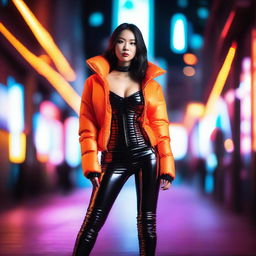 A fashionable Asian woman wearing a tight, shiny orange puffer corset, posing confidently in a modern urban environment with vibrant neon lights