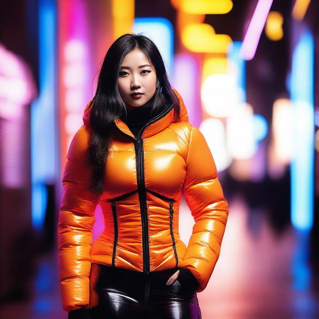 A fashionable Asian woman wearing a tight, shiny orange puffer corset, posing confidently in a modern urban environment with vibrant neon lights