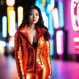 A fashionable Asian woman wearing a tight, shiny orange puffer corset, posing confidently in a modern urban environment with vibrant neon lights