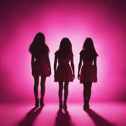 Create a dark pink documentary book cover featuring the shadows of four girls on a stage standing close to each other