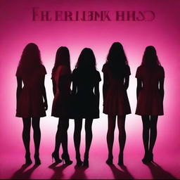 Create a dark pink documentary book cover featuring the shadows of four girls on a stage standing close to each other